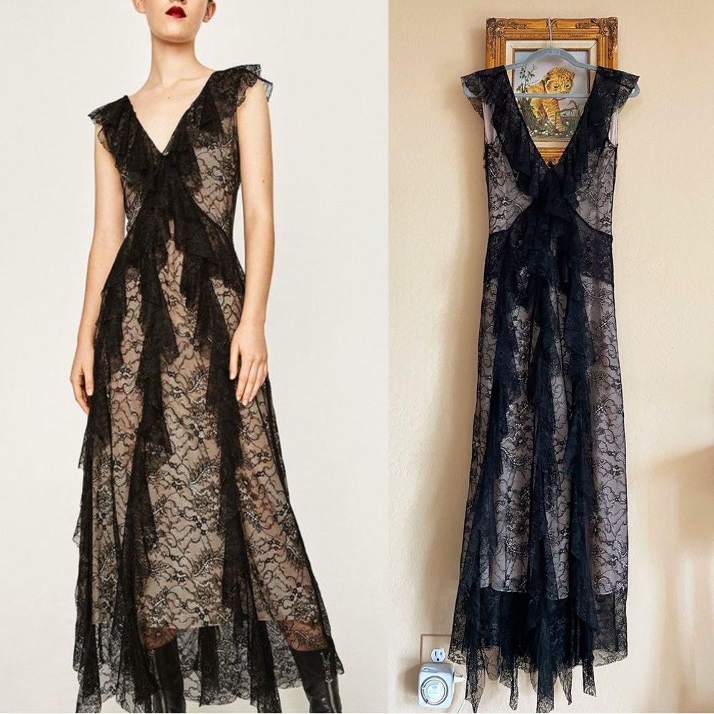 ZARA WOMAN STUDIO NWT PREMIUM Black & Nude Lace Ruffle Frill V Neck Maxi Dress - Picture 8 of 14